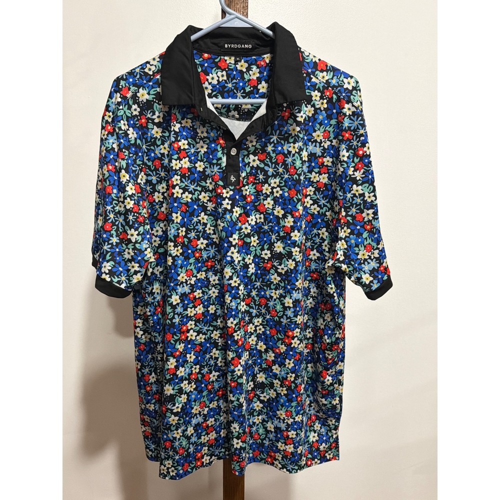 Byrdgang Mens Floral Golf Polo Shirt XL Black Blue Red SS Performance Stretch